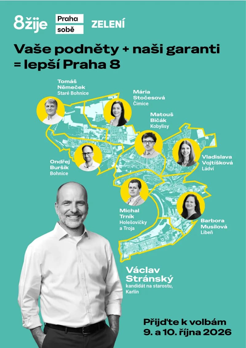 Front page of the 2026 election newspaper by 8žije, Praha sobě and the Greens